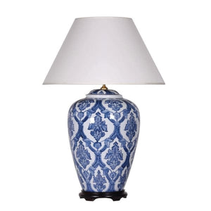 Blue and White Patterned Vase Lamp with Shade