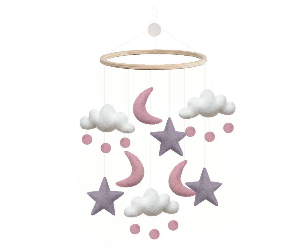 Clouds Star and Moon Mobile -  Pink/Purple/Whit