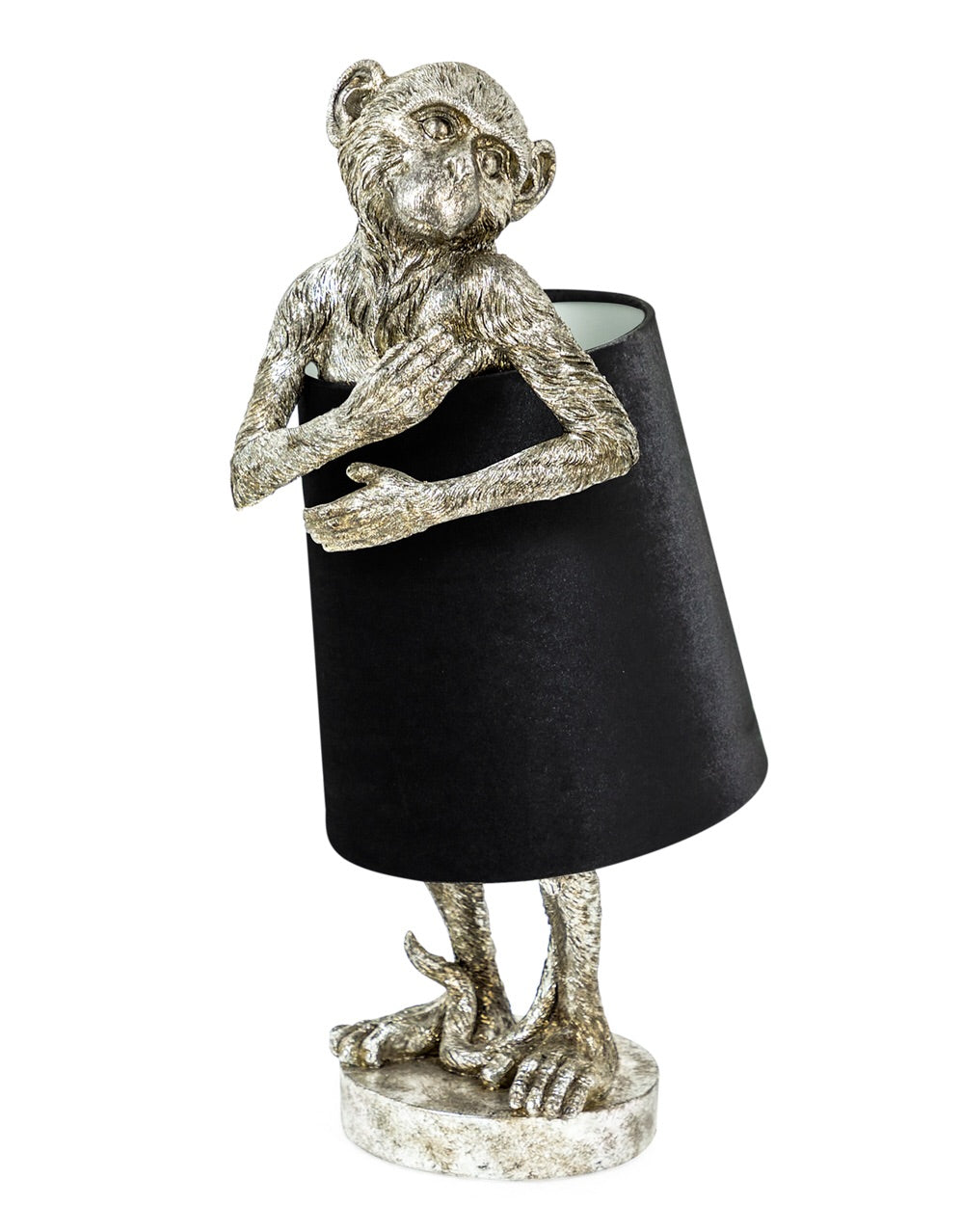 Antique Silver Monkey Table Lamp with Black Velvet Shade